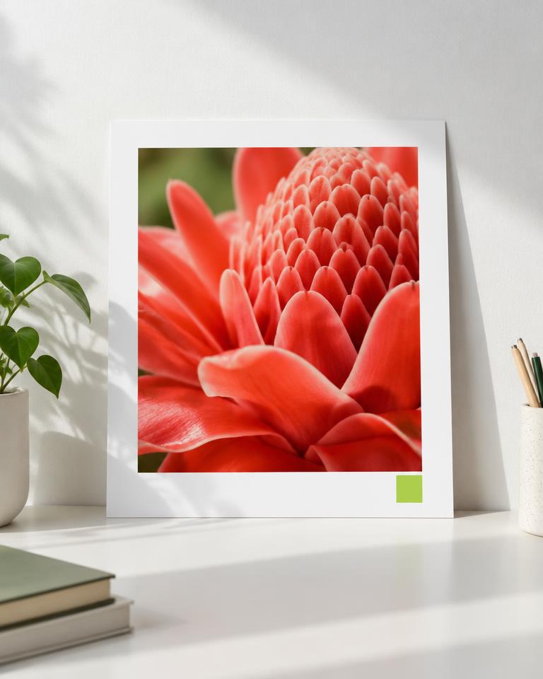 Post fotografico con fiore rosso e bordo bianco